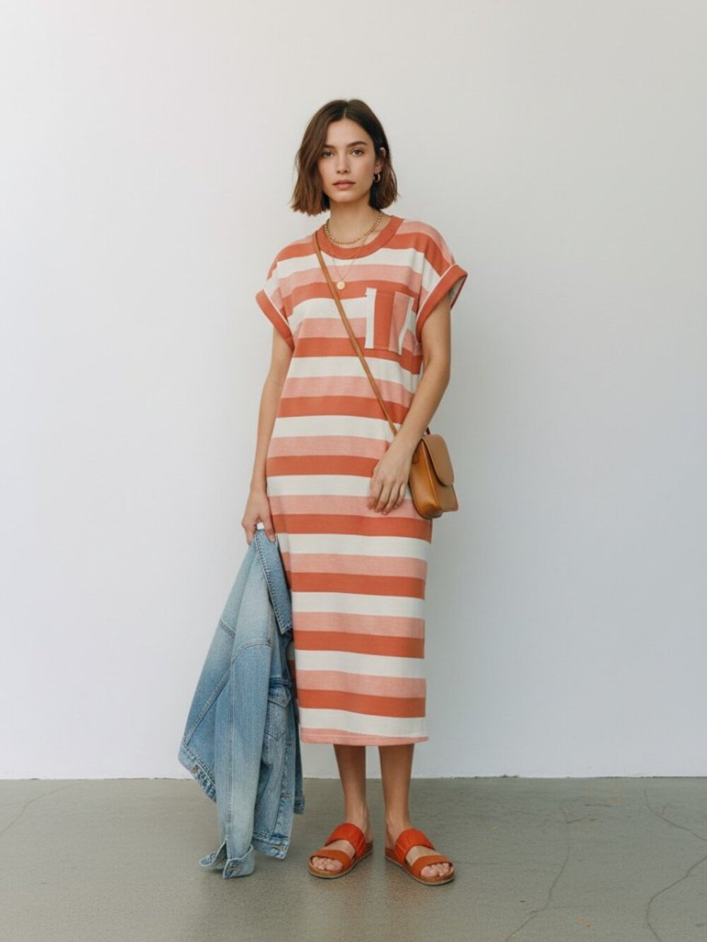 Umgee NWT Coral Orange Striped Midi Dress French Terry Pockets L